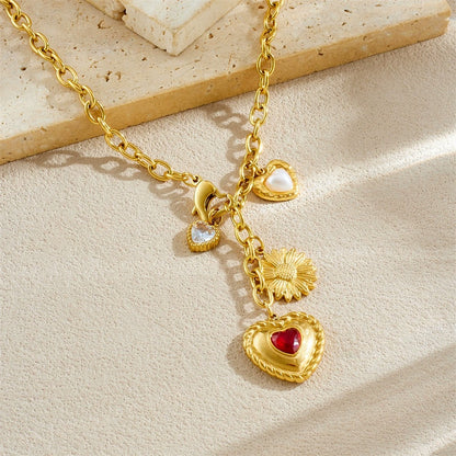 CN55: 18K Gold Plated Premium Stainless Steel Charm Necklace: Red Heart Daisy