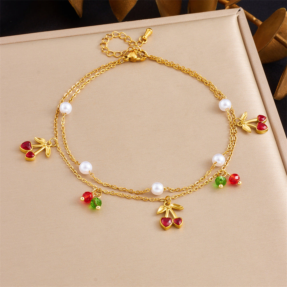 A74: 18K Gold Plated Stainless Steel Minimalist Anklet: Cherry Drop