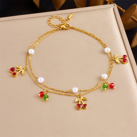 A74: 18K Gold Plated Stainless Steel Minimalist Anklet: Cherry Drop