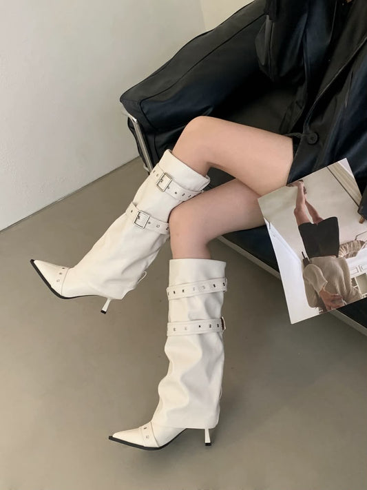 Stiletto Buckle Boots: White, Black, Khaki (PRE ORDER ONLY)