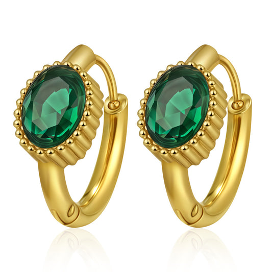 GE47: 18K Gold Plated Premium Stainless Steel Zircon Earrings: Green Oval Diamond