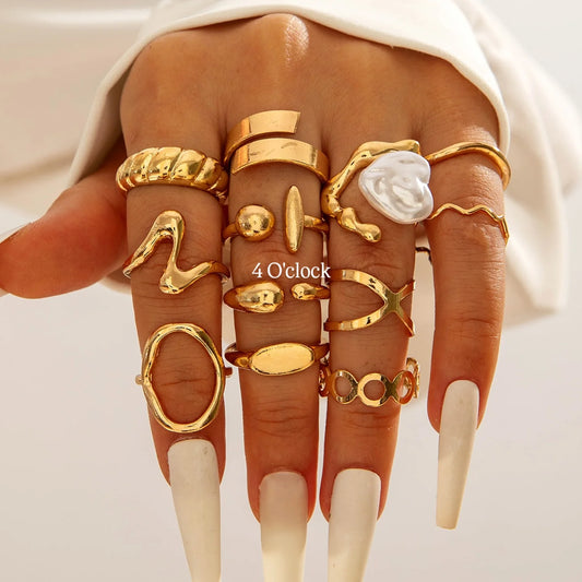 ✨RS84: Maximalistic Finger Ring Sets (Golden) - 12pcs (Adjustable-Non adjustable mixed sizes)