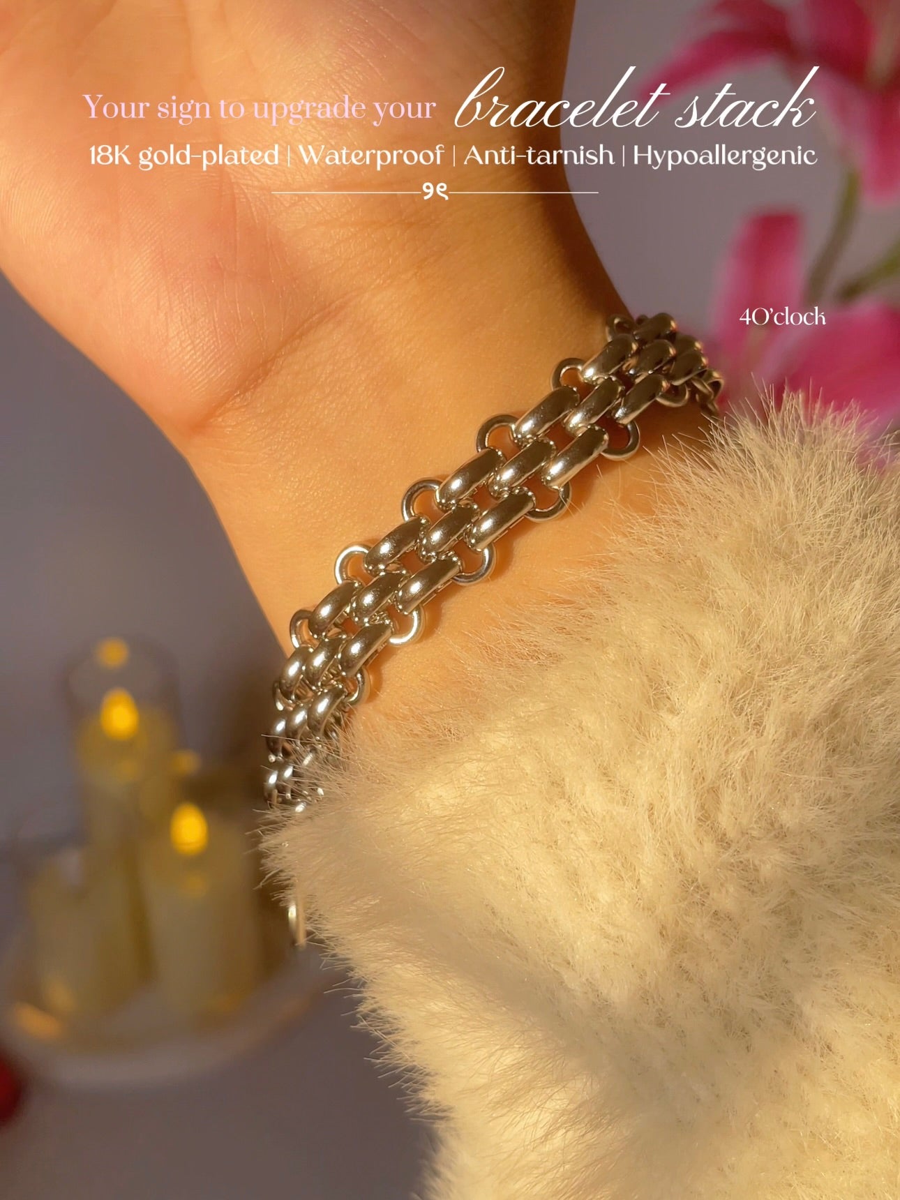 B08: 18k Gold Plated Stainless Steel Minimalist Bracelet:Watch Chain (Silver)