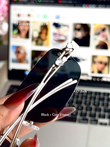 S16: Pinteresty Rimless Y2K Bow sunglasses: Black + Grey (with box)
