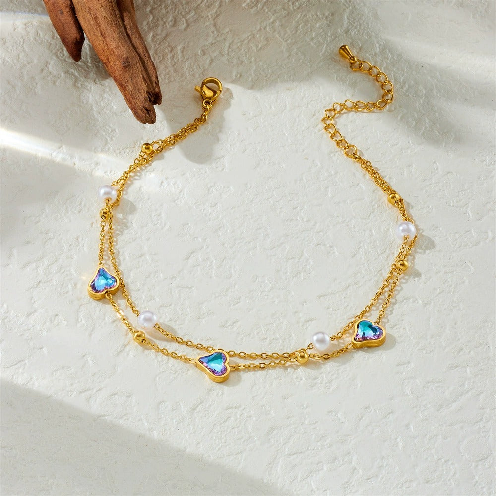 A81: 18K Gold Plated Stainless Steel Minimalist Anklet: Blue Heart