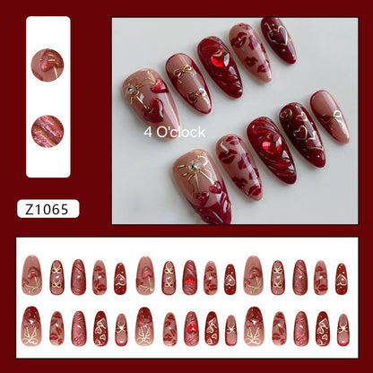 N01: Press On Nails: Red Cherry Heart. Size M (10 Pcs) - With 12pcs FREE glue stickers.