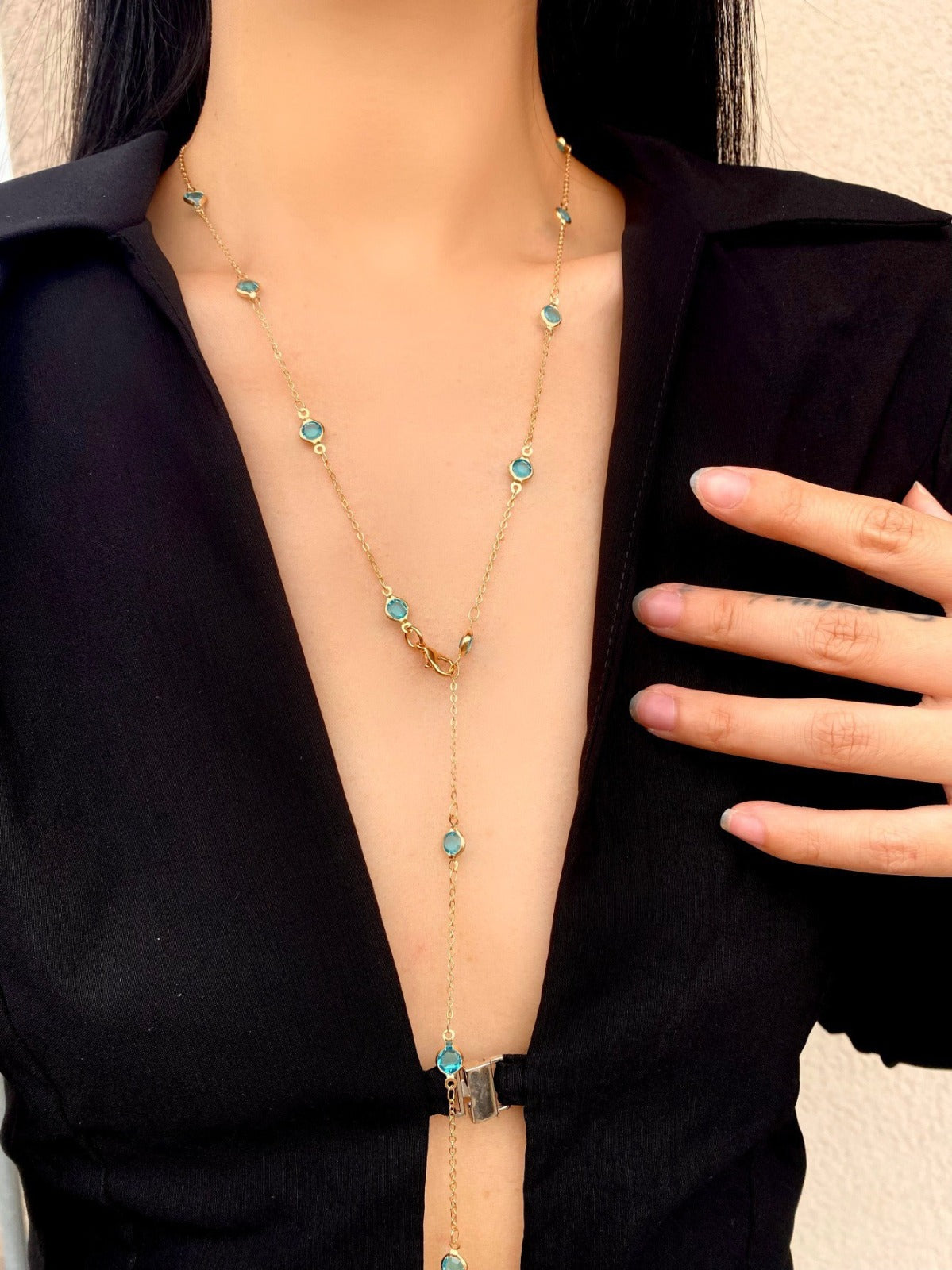 YN11: Y Shape Necklace: Golden Sea Blue Stone