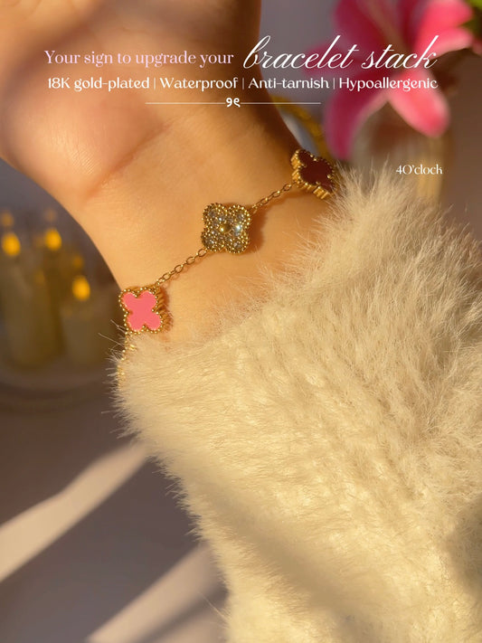 B82: 18k Gold Plated Stainless Steel Minimalist Bracelet: Golden Pink Clover