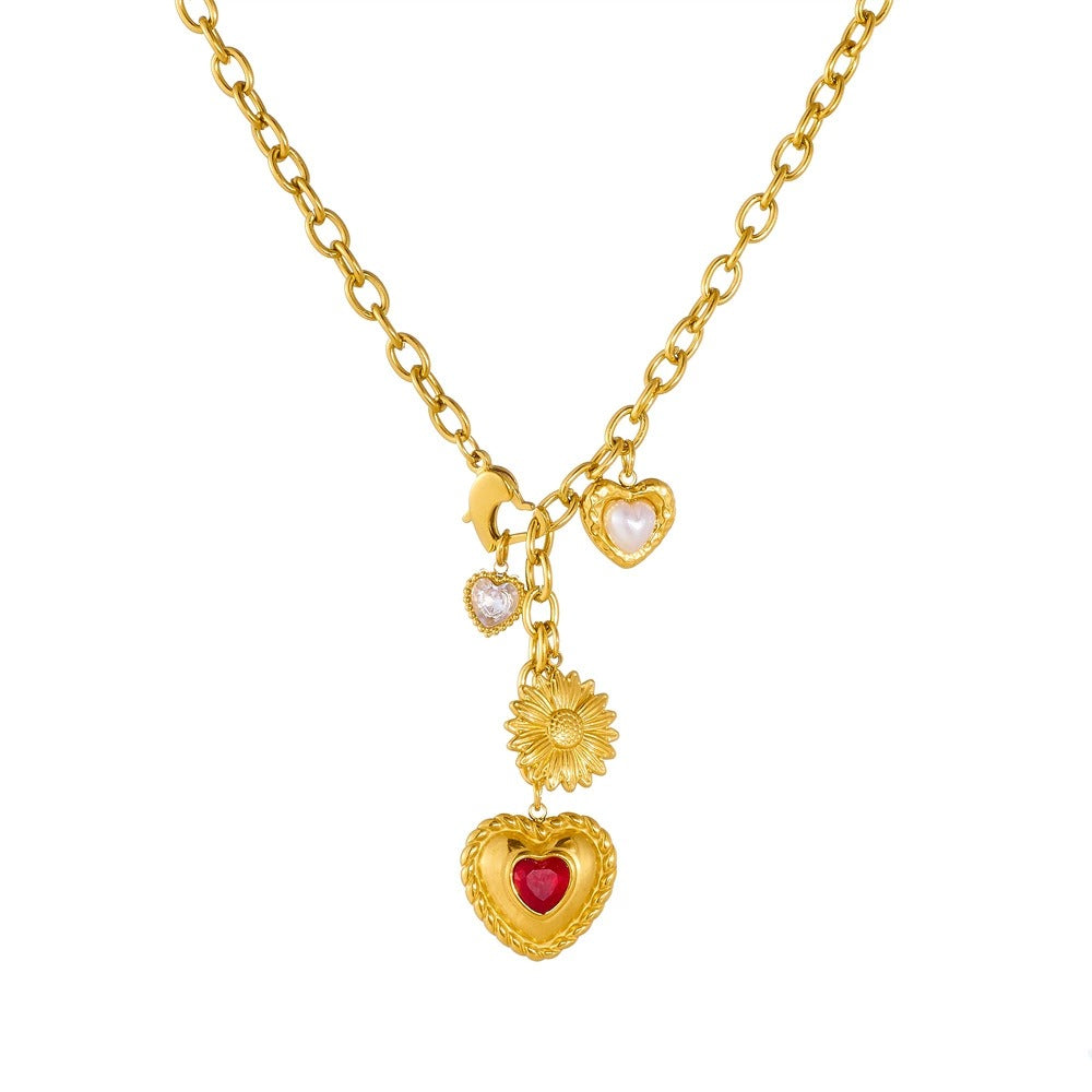 CN55: 18K Gold Plated Premium Stainless Steel Charm Necklace: Red Heart Daisy