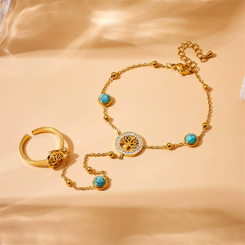 RB18: Stainless Steel Zircon Handchain: Turquoise Stone