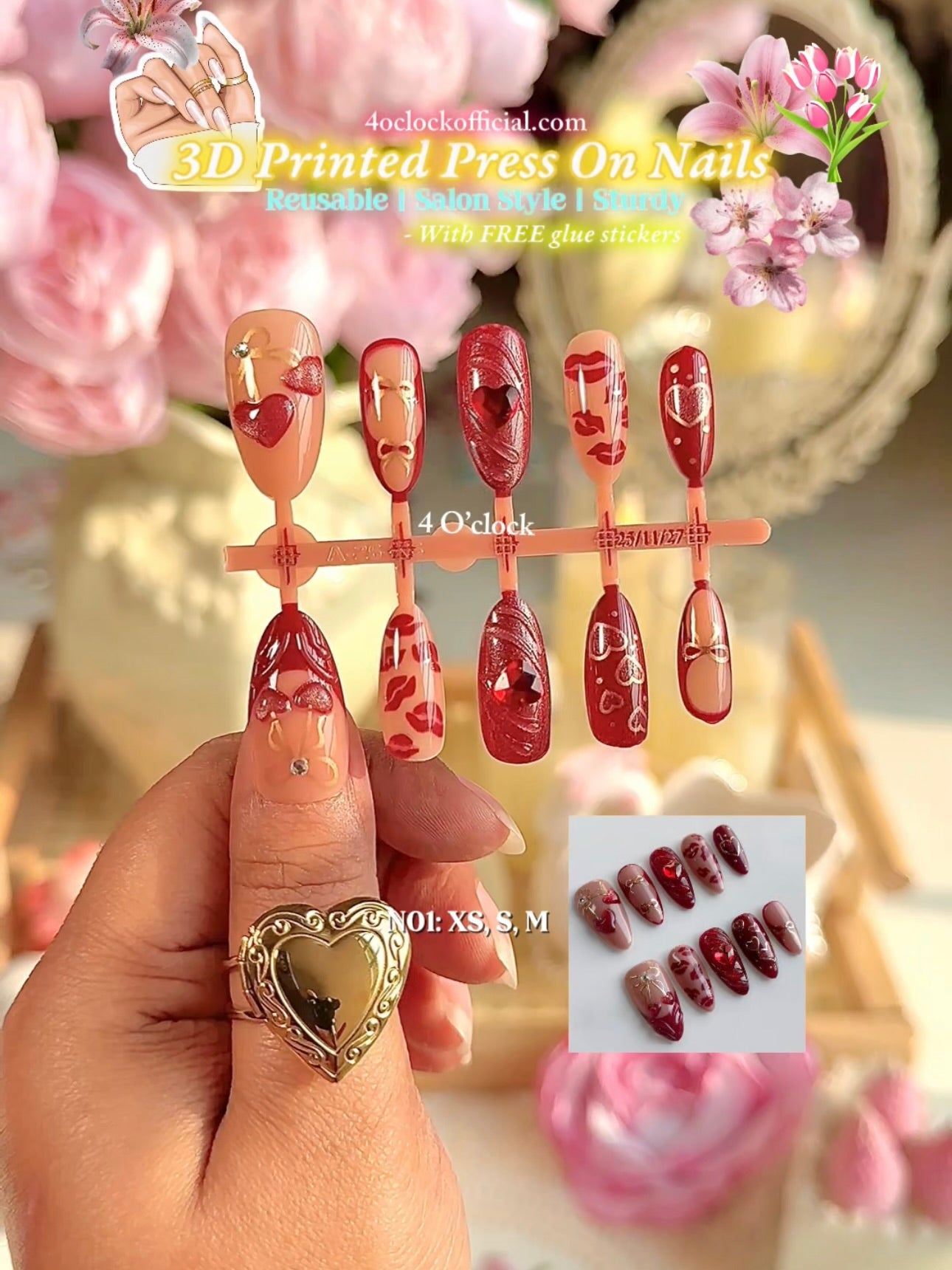 N01: Press On Nails: Red Cherry Heart. Size M (10 Pcs) - With 12pcs FREE glue stickers.