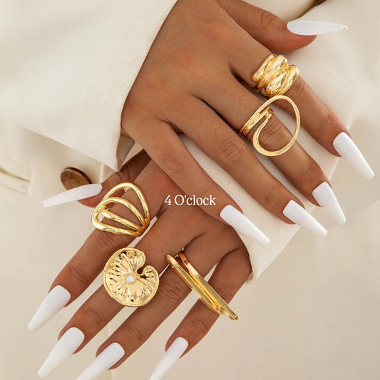 ✨RS49: Maximalistic Finger Ring Sets (Golden) - 5pcs (Adjustable-Non adjustable mixed sizes)