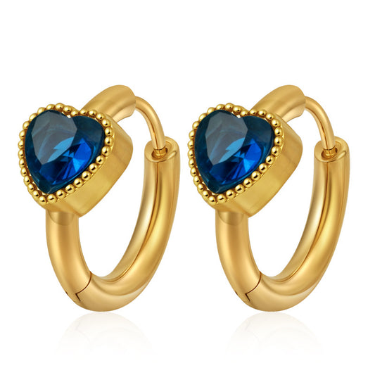 GE43: 18K Gold Plated Premium Stainless Steel Zircon Earrings: Blue Heart Diamond