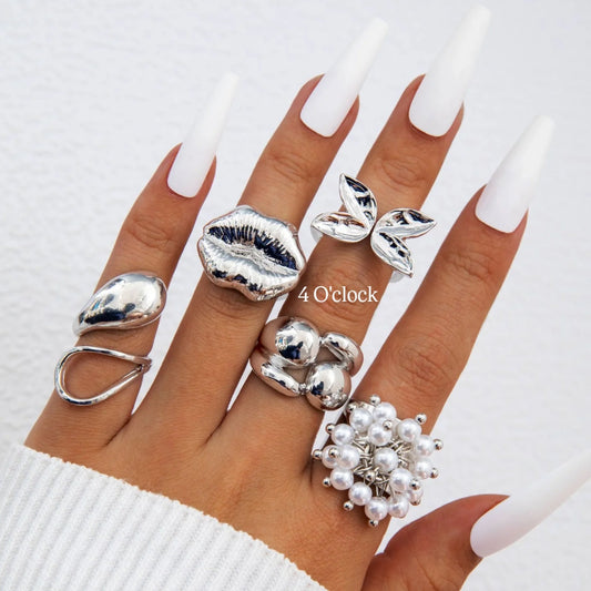 ✨RS88: Maximalistic Finger Ring Sets (Silver) - 5pcs (Adjustable-Non adjustable mixed sizes)