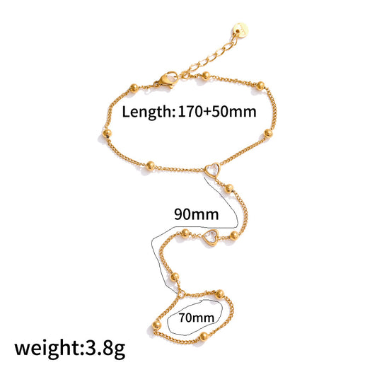 RB05: Stainless Steel Zircon Handchain: Heart Shape Stone with Golden Dots