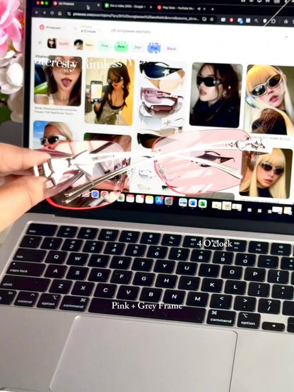 S17: Pinteresty Rimless Y2K Bow sunglasses: Pink + Grey (with box)
