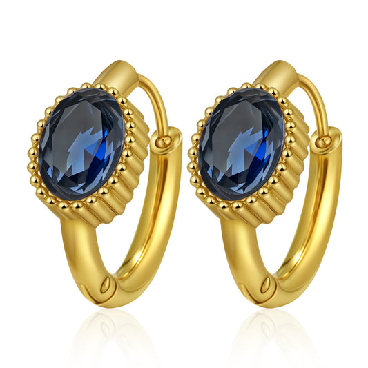 GE48: 18K Gold Plated Premium Stainless Steel Zircon Earrings: Blue Oval Diamond