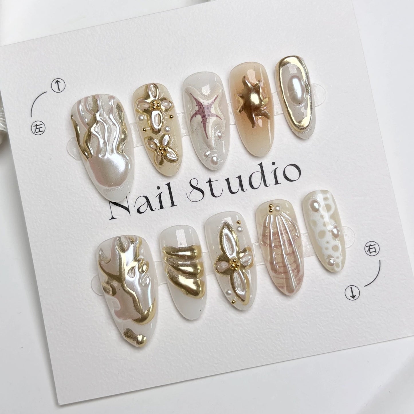 N19: Press On Nails: Pearl Gold Drip. Size XS (10 Pcs) - With 12pcs FREE glue stickers.
