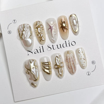 N19: Press On Nails: Pearl Gold Drip. Size XS (10 Pcs) - With 12pcs FREE glue stickers.