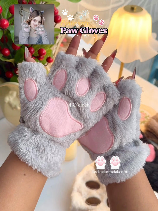 Cat Paw Plush Hand Gloves: Grey