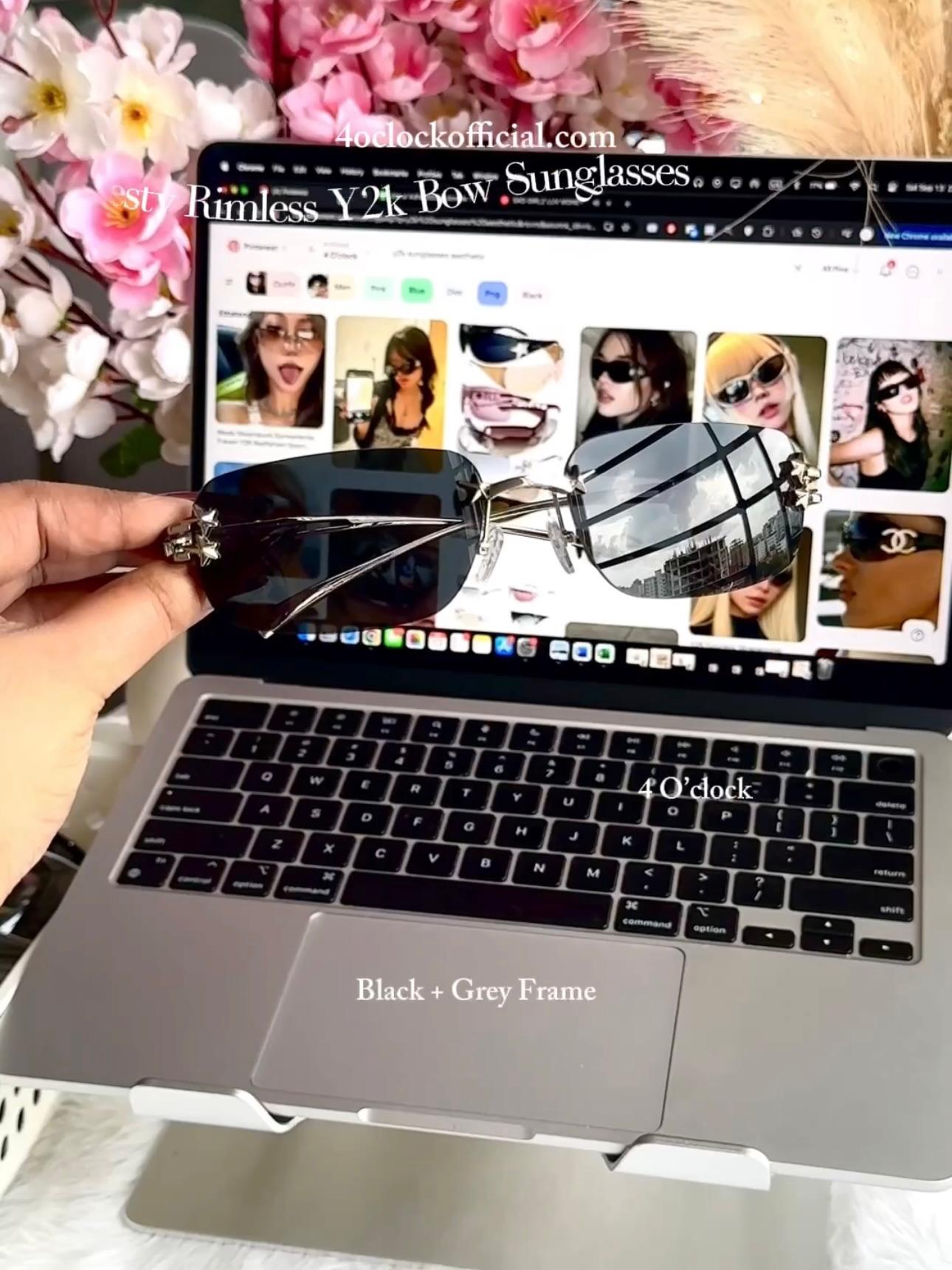 S16: Pinteresty Rimless Y2K Bow sunglasses: Black + Grey (with box)