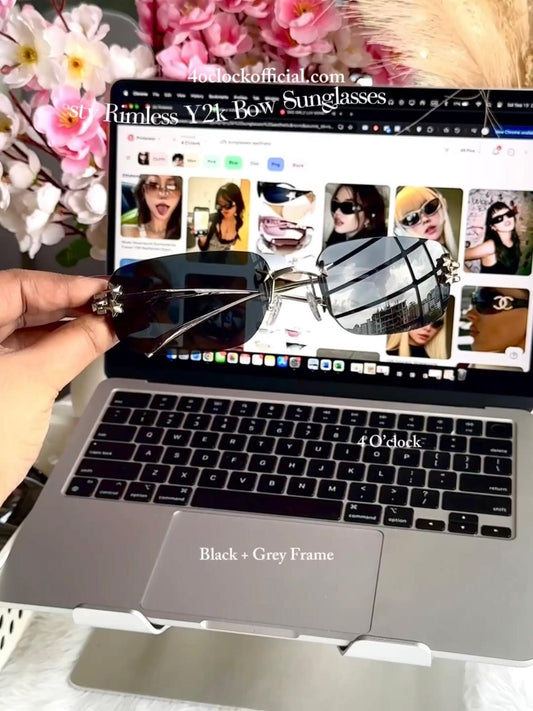 S16: Pinteresty Rimless Y2K Bow sunglasses: Black + Grey (with box)
