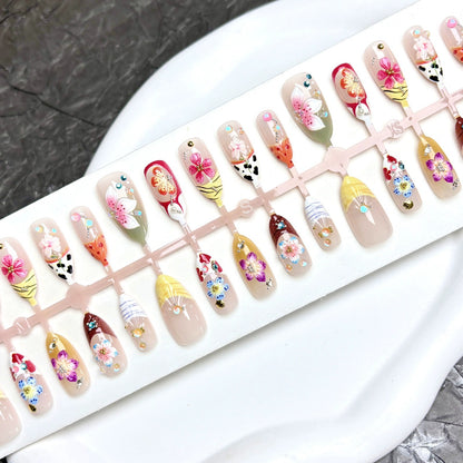 N25: Press On Nails: Garden Bliss. Size M (10 Pcs) - With 12pcs FREE glue stickers.