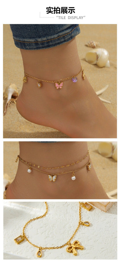 A82: 18K Gold Plated Stainless Steel Minimalist Anklet: Pink Butterfly