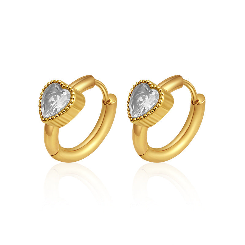 GE40: 18K Gold Plated Premium Stainless Steel Zircon Earrings: White Heart Diamond