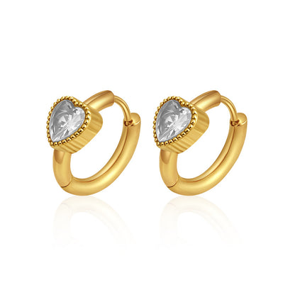 GE40: 18K Gold Plated Premium Stainless Steel Zircon Earrings: White Heart Diamond