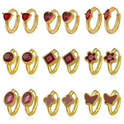 GE46: 18K Gold Plated Premium Stainless Steel Zircon Earrings: Red Oval Diamond