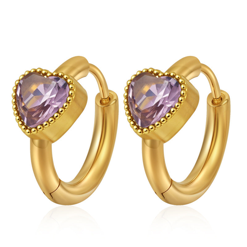 GE44: 18K Gold Plated Premium Stainless Steel Zircon Earrings: Pink Purple Heart Diamond