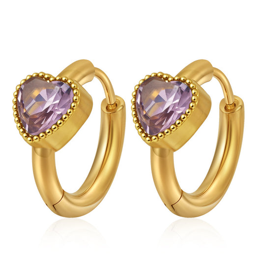 GE44: 18K Gold Plated Premium Stainless Steel Zircon Earrings: Pink Purple Heart Diamond