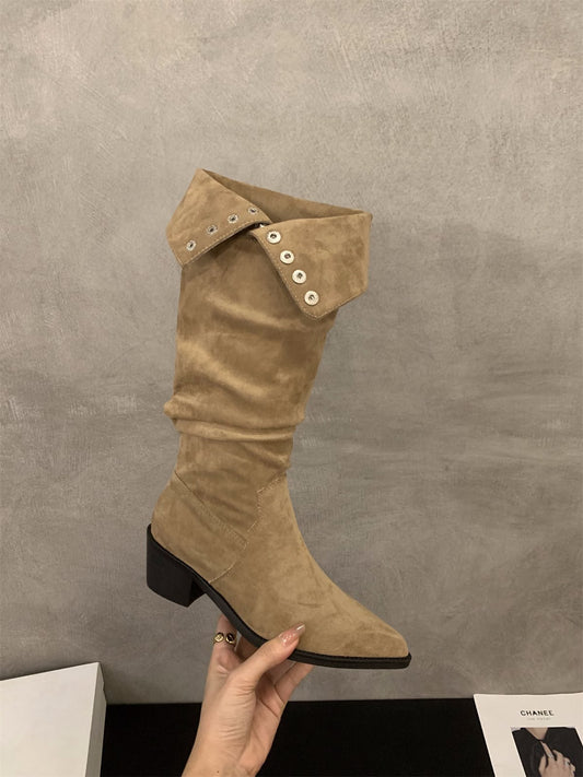 Seude Foldover Button Mid-Calf Boots: Khaki, Brown, Black (PRE ORDER ONLY)