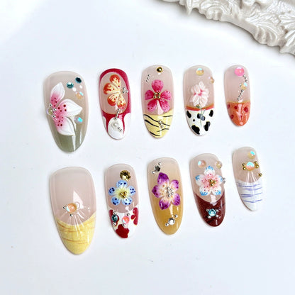 N25: Press On Nails: Garden Bliss. Size M (10 Pcs) - With 12pcs FREE glue stickers.