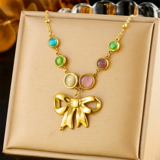 CN56: 18K Gold Plated Premium Stainless Steel Charm Necklace: Ribbon Bow