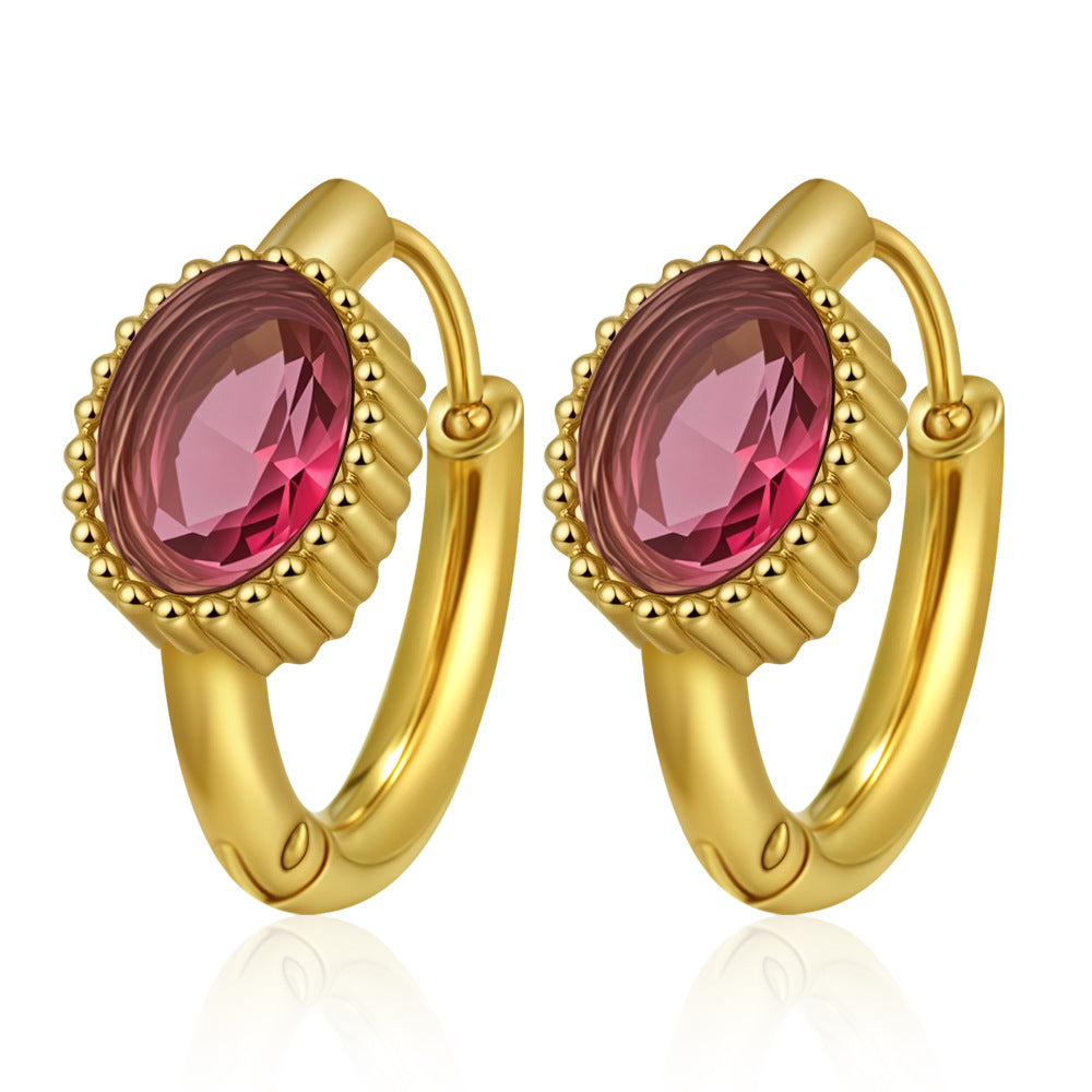 GE46: 18K Gold Plated Premium Stainless Steel Zircon Earrings: Red Oval Diamond