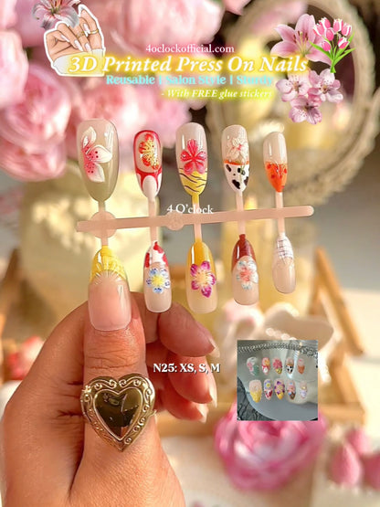 N25: Press On Nails: Garden Bliss. Size M (10 Pcs) - With 12pcs FREE glue stickers.