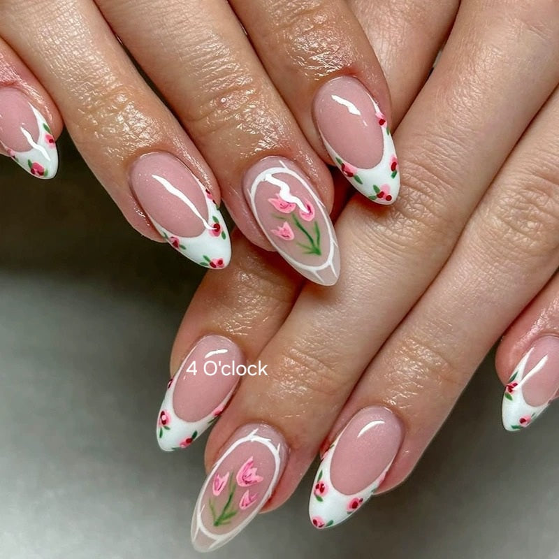 N09: Press On Nails: Petal Pop French (24 Pcs) - With FREE glue & kit.