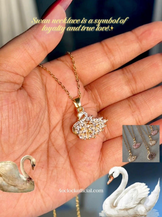 P08: 18k Gold Plated Stainless Steel Minimalist Necklace: Golden White Swan