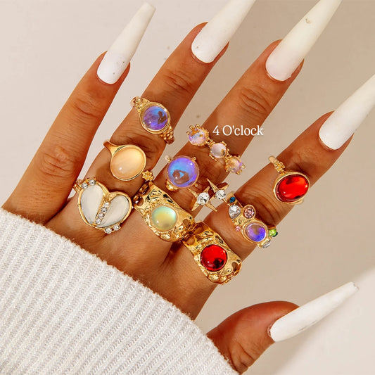 ✨RS89: Maximalistic Finger Ring Sets (Golden) - 9pcs (Full set adjustable)