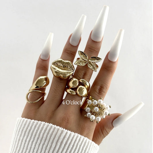 ✨RS86: Maximalistic Finger Ring Sets (Golden) - 5pcs (Adjustable-Non adjustable mixed sizes)