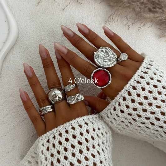 ✨RS114: Maximalistic Finger Ring Sets (Silver) - 7pcs (Adjustable-Non adjustable mixed sizes)