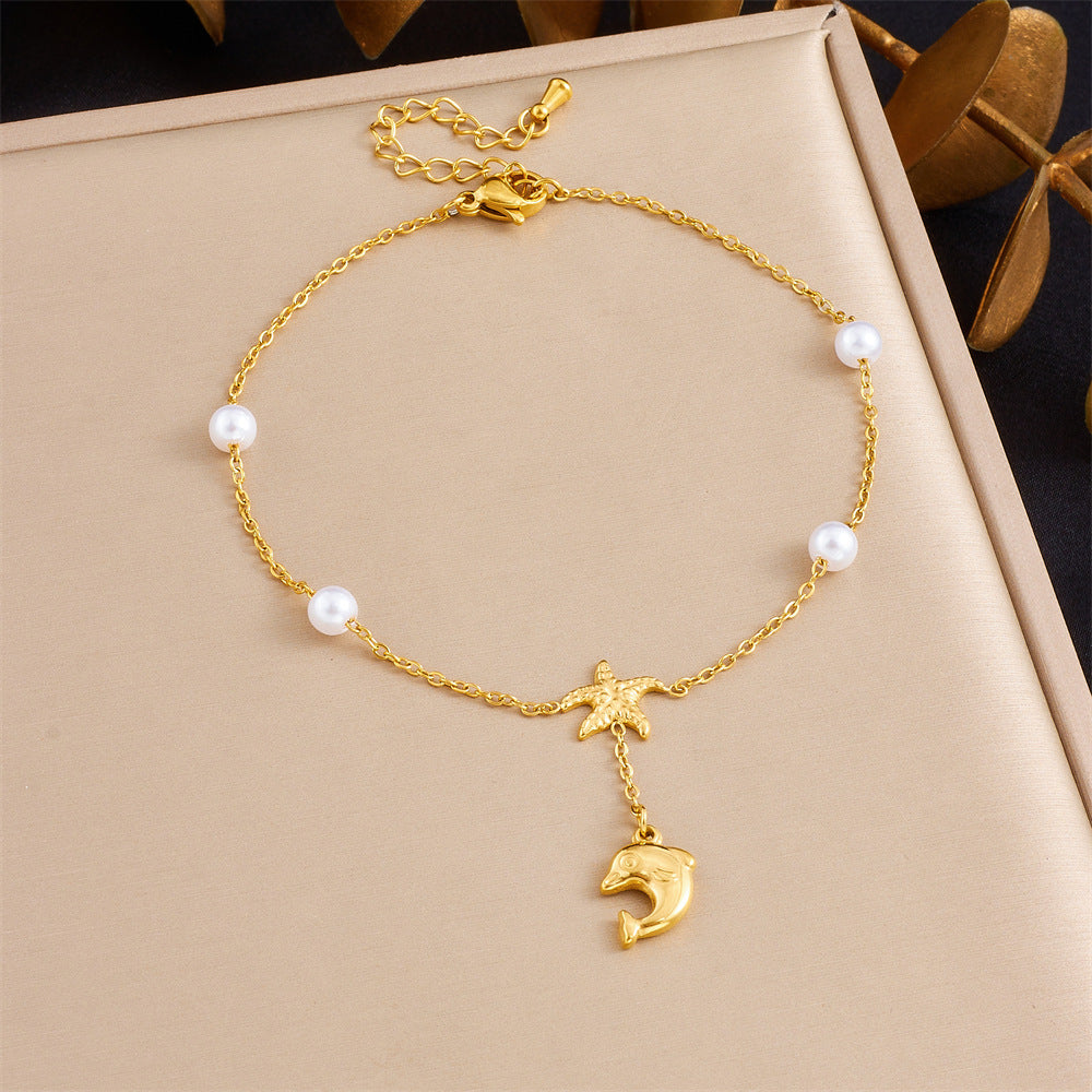 A73: 18K Gold Plated Stainless Steel Minimalist Anklet: Dolphin Tassel
