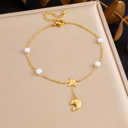 A73: 18K Gold Plated Stainless Steel Minimalist Anklet: Dolphin Tassel