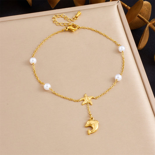 A73: 18K Gold Plated Stainless Steel Minimalist Anklet: Dolphin Tassel