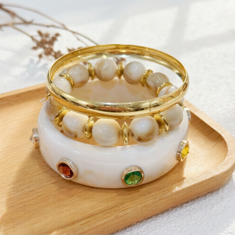 HC157: Trendy Resin Bangle Set: White Forest (3pcs)
