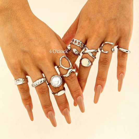 ✨RS56: Maximalistic Finger Ring Sets (Silver) - 12pcs (Adjustable-Non adjustable mixed sizes)