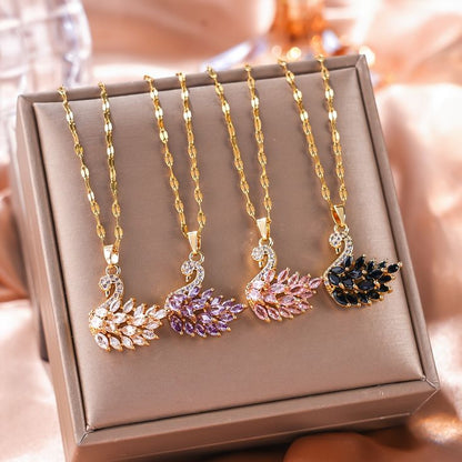P07: 18k Gold Plated Stainless Steel Minimalist Necklace: Golden Pink Swan