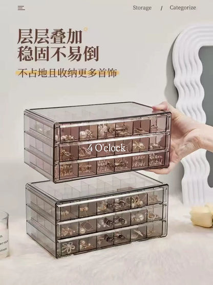 Transparent 3-Layer Jewellery Organizer Box: Coffee (72 Compartments)